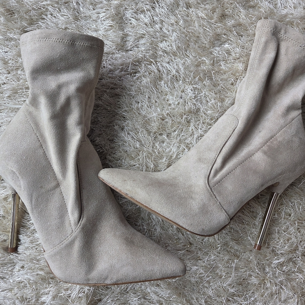Aldo Pointed-Toe Suede Ankle Booties in Light Taupe with Gold Stiletto Heel